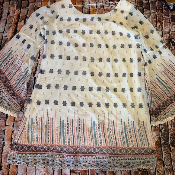 Xhilaration Blue Coral Paisley Dress Crochet Tipped Bell Sleeves Size L - Picture 4 of 8